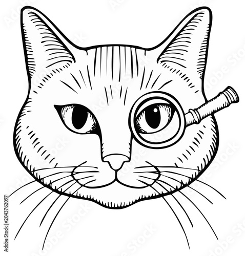 Cartoon Cat with Magnifying Glass, Whiskers, Clever Study Illustration