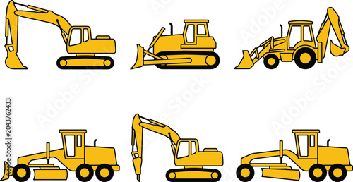 Tableau sur toile Construction Machinery Vector Set with Excavators Bulldozer Backhoe Loader and M