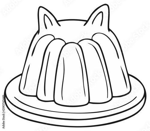 Whimsical Cat Shaped Jelly Dessert on a Plate Line Art Illustration