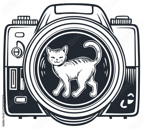 Cartoon camera lens with a playful cat illustration design.