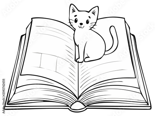 Cute line art kitten sits on an open book ready for reading