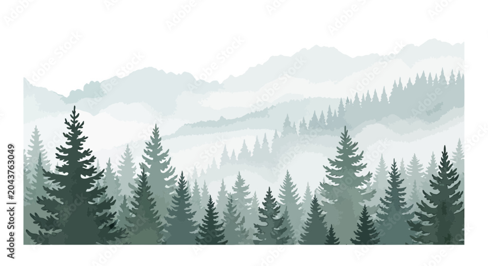 Fototapeta premium Watercolor illustration of misty mountain landscape with pine tree forest silhouette creating a