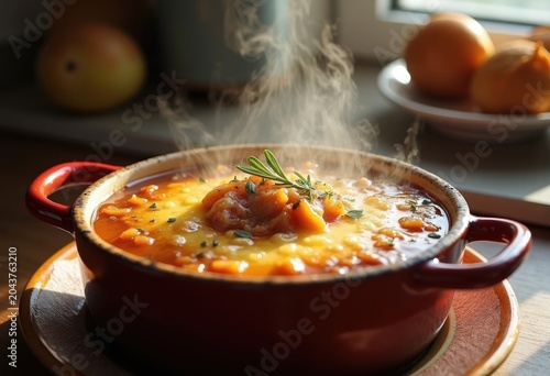 Cheesy French Onion Soup Baked to Perfection in Antique Ceramic Crock in a Atmospheric Setting