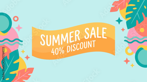 Vibrant summer sale advertisement with colorful leaves and discount offer on banner
