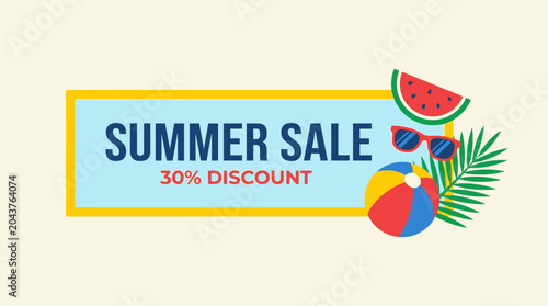 Foto Vibrant summer sale advertisement with discount offer on colorful beach accessor