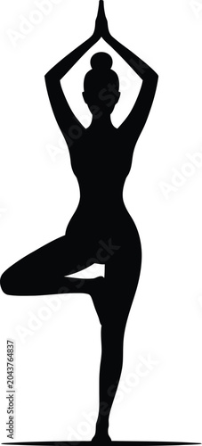 Fotografi Isolated black silhouette of a woman practicing the yoga tree pose with silhouet