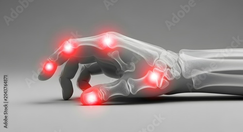 X-ray of human hand showing joints with inflammation. Arthritis and Rheumatism medical concept. Pain in finger and wrist bones highlighted in red. Chronic disease healthcare study.