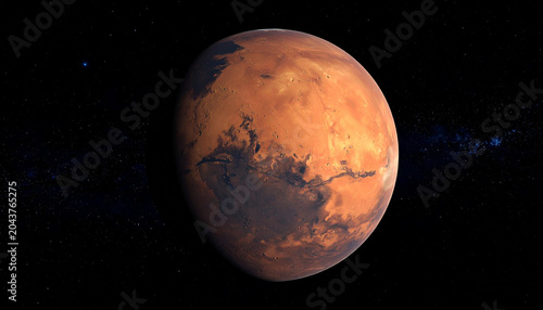 Photorealistic image of mars with blue oceans