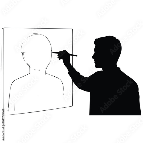 Foto Artist drawing human portrait on canvas vector silhouette illustration of art process