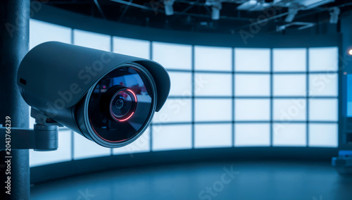 Close up cctv security camera in modern surveillance operations center with blank white monitoring screens, advanced ai security technology, enterprise monitoring and digital protection infrastructure