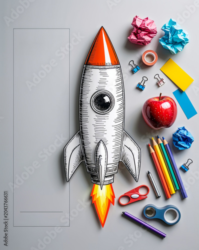 Creative back to school flat lay banner with rocket made from colored pencils and stationery supplies, educational concept on light background with blank copy space, learning, imagination creativity