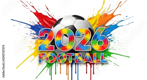 Vibrant 2026 world cup football graphic with soccer ball and colorful paint splatters