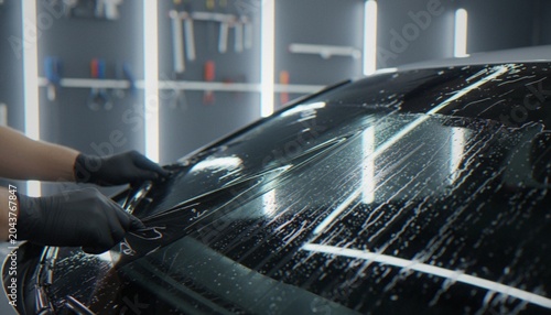 Photos Professional car service worker installing high-quality protective film on the back windshield of a vehicle in a modern auto detailing shop