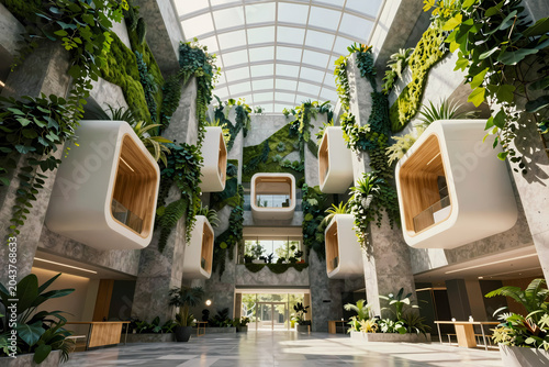 Modern atrium with hanging pods and abundant greenery under a skylight.