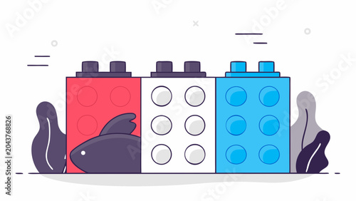 Flat Design Illustration of Interlocking Building Blocks with Shark Motif