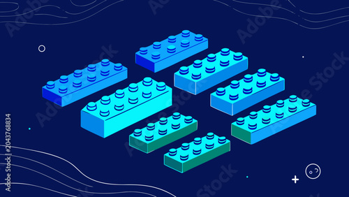 Isometric 3D blue plastic building blocks on dark background