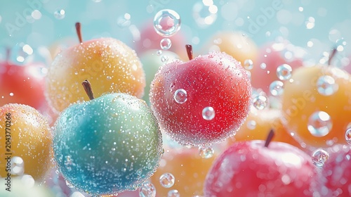 Colorful apples splashing water, vibrant background, healthy food