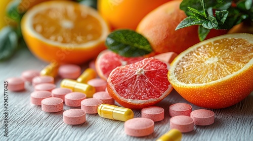 Citrus fruits, supplements, table, healthy, vitamins, background, lifestyle, wellness, food photography, advertisement