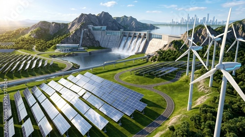 Renewable Energy Landscape with Solar Farm, Wind Turbines and Hydroelectric Dam Infrastructure