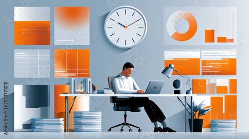 Professional Man Working on Laptop at Desk in Modern Office Setting