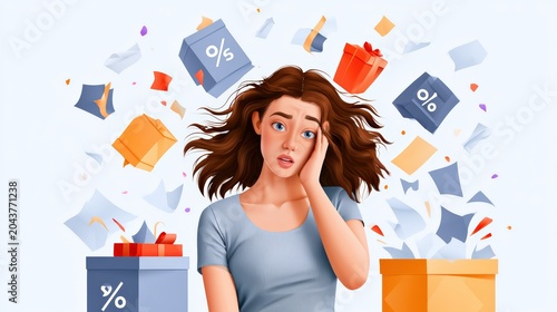 Woman Overwhelmed by Sales, Discounts, and Shopping Offers