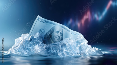 Frozen Hundred Dollar Bill Symbolizing Economic Downturn or Crisis