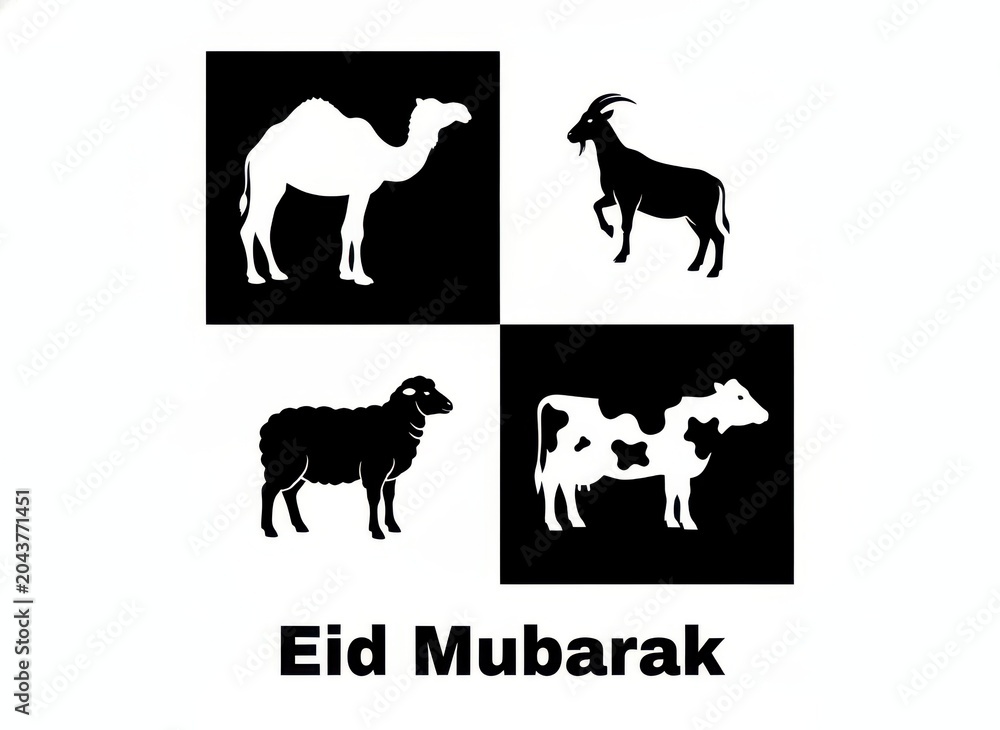 Obraz premium Eid Mubarak Graphic with Camel, Goat, Sheep, and Cow Silhouettes