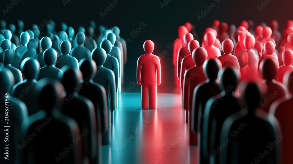 Obraz premium Two Groups Divided by a Standing Red Figure and Light Split