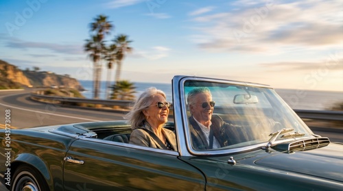 Unstoppable momentum of silver age couple driving vintage convertible, enjoying life on coastal road, joyful sunset style