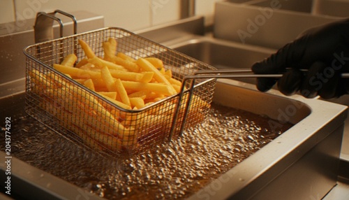 Fotografi A close-up shot of a gloved hand holding a wire basket filled with golden-brown French fries as they are being removed from a deep fryer with bubbling hot oil