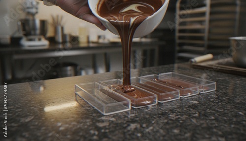 Foto A pastry chef pouring melted chocolate into clear molds on a granite countertop in a professional kitchen
