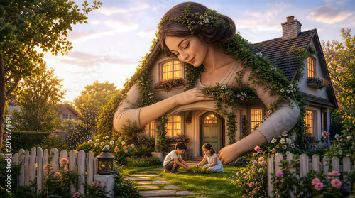 surrealist image of mother as literally home.
