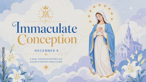 A depiction of the Immaculate Conception of Mary with a church and lilies.