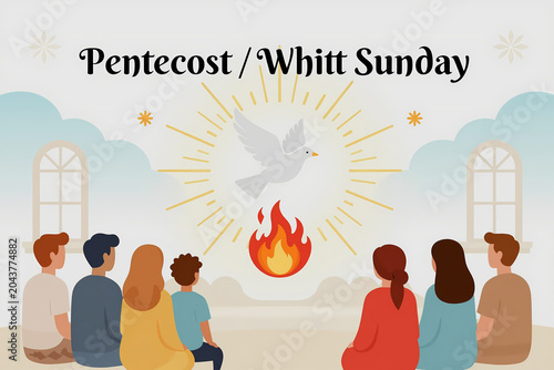 A group of people gathered watching a dove descend with flames and radiant light.