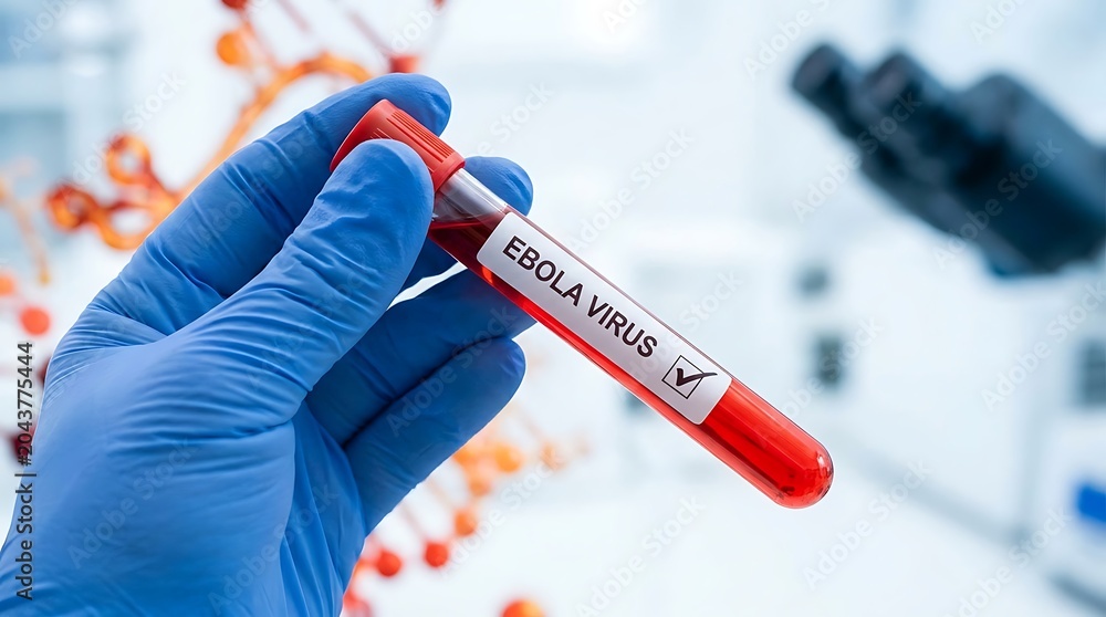 Fototapeta premium Scientist holding test tube labeled ebola virus for medical research
