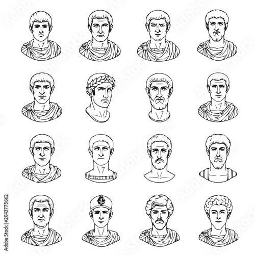 Collection of Roman Emperor busts with varied hairstyles and facial hair in a line against a white background