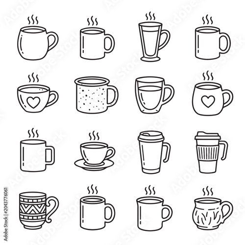 Collection of various illustrated hot beverage mugs with steam during winter season concept on white background