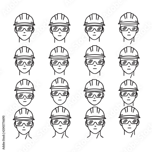Construction worker headgear and safety glasses icons arranged in a grid with clean lines
