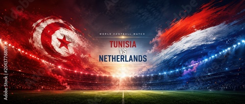 soccer match between tunisia and netherlands with dramatic lighting effects