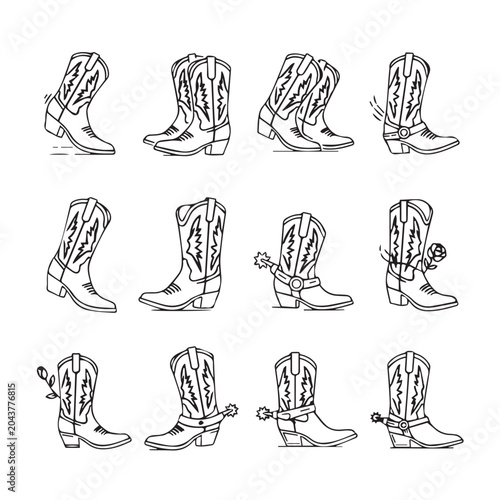Cowboy boots collection in a clean graphic style with line art details and spurs