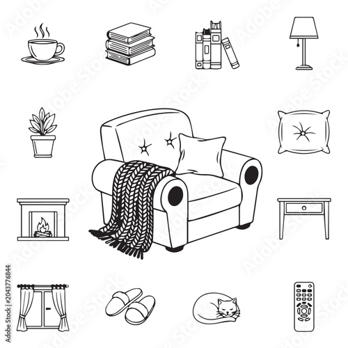 Cozy armchair with blanket and pillow surrounded by home comfort items for relaxation and leisure