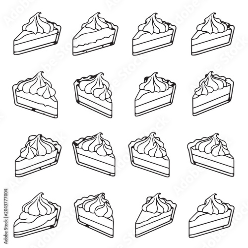 Creamy pie slices arranged in a grid with minimalist line art style for dessert branding