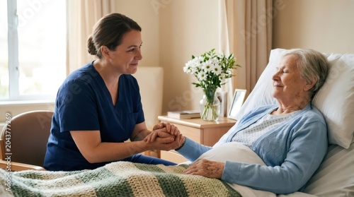 Female nurse holding hand of elderly woman lying in bed. Caregiver providing support and comfort to senior patient. Professional nursing home medical assistance, kindness and empathy.
