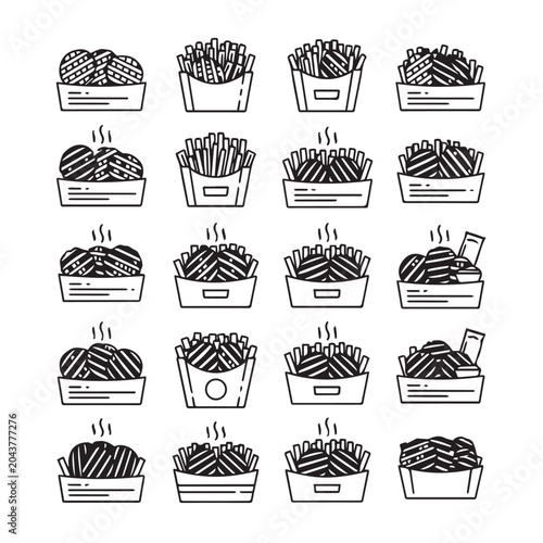 Crispy potato snacks in containers with steam lines simple line drawings on white background vector illustration