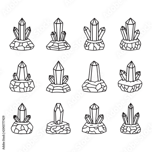 Crystalline mineral clusters on rocky bases in a clean grid arrangement with simple line drawing style