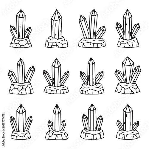 Crystal clusters on stone bases in a grid layout with clean linework for graphic design elements