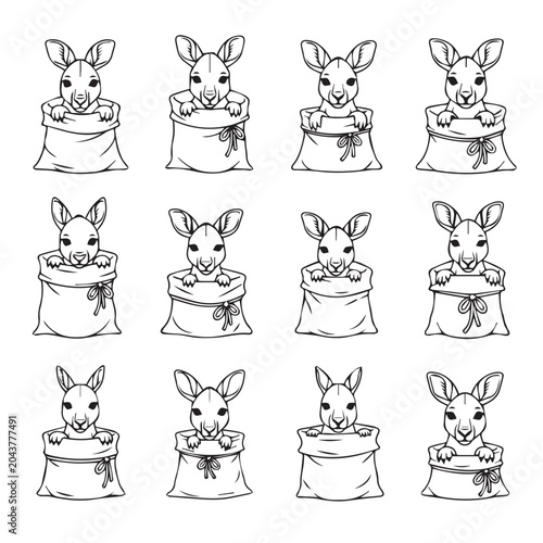 Cute baby kangaroos peeking out of gift bags with bows in a clean white studio setting for whimsical designs