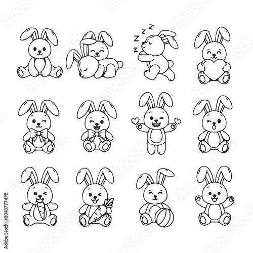 Cute cartoon bunnies in various playful poses and expressions for children's designs