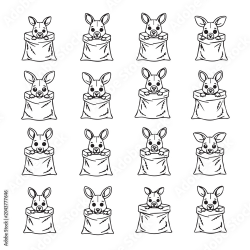 Cute kangaroo peekaboo from burlap sack with simple outline and white background for design