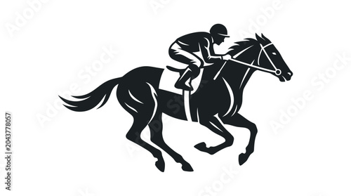 Silhouette of a jockey riding a racehorse at full speed, dynamic vector art.